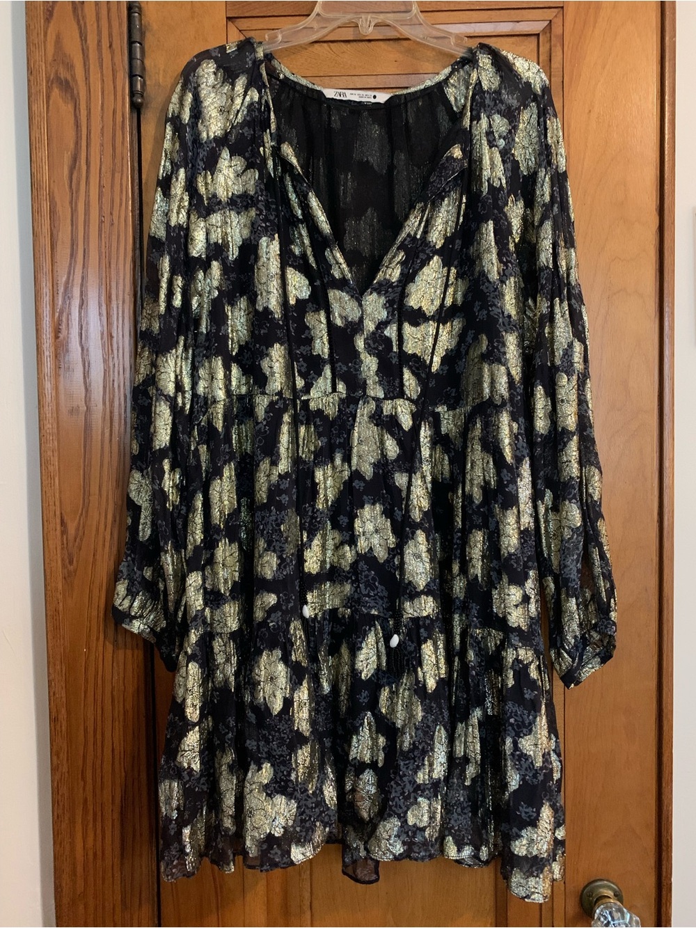 Zara Black Dress with Metallic Gold Floral Print, Long Sleeve Size XL